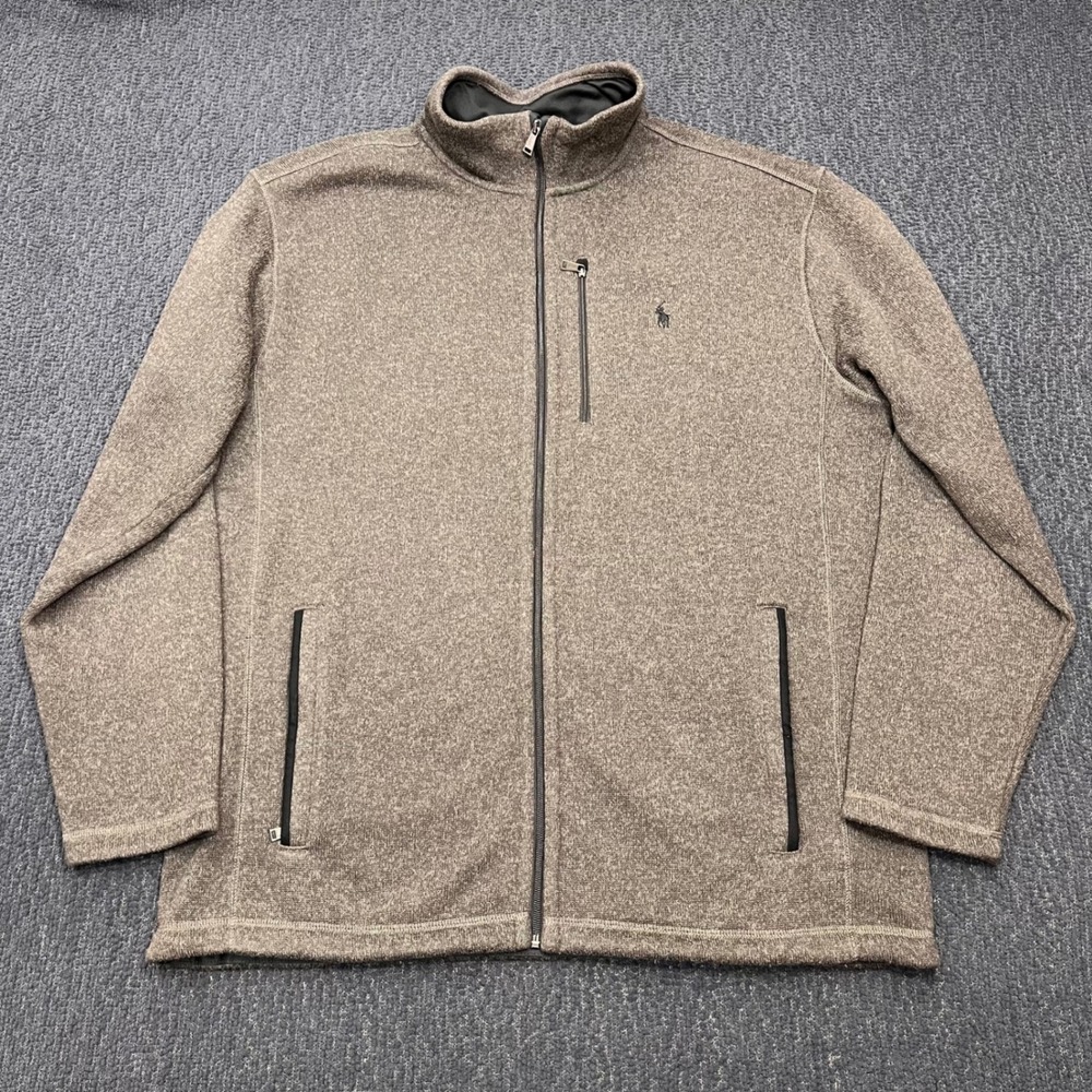 Polo Ralph Lauren Mens XLT Brown Heathered Full Zip Fleece Sweater Jacket Logo